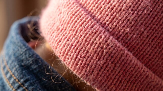 Close-up of pink knitted beanie and denim jacket