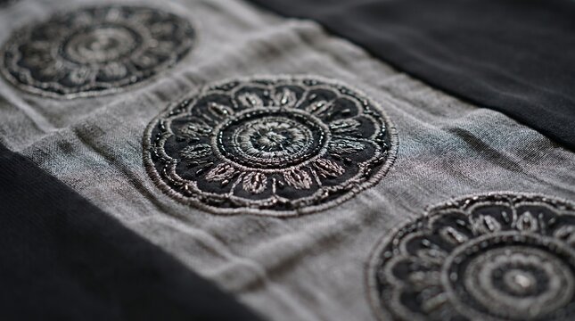 Close-up of intricate embroidery on gray fabric