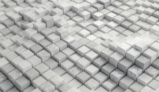 Abstract background of white and gray cubes with some marble textured blocks creating an interesting geometric pattern with a modern aesthetic.