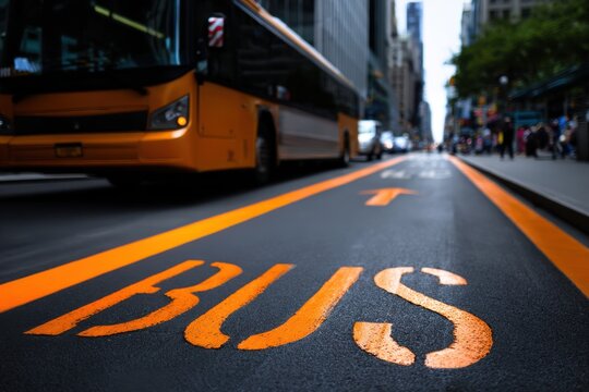 Orange city bus driving through urban street with clearly marked dedicated bus lane surrounded by tall buildings and blurred pedestrians in the background