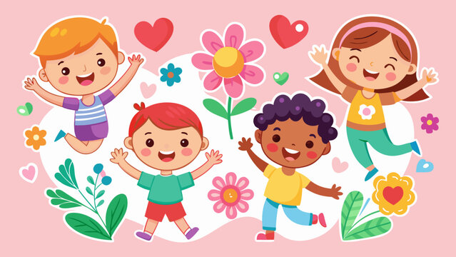 Colorful children, kids jumping, playful illustration, heart flowers