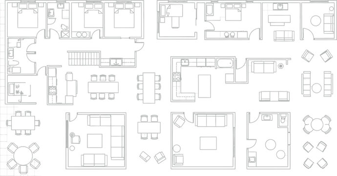 Architectural floor plan vector set with furniture symbols and house layout designs on a technical grid background