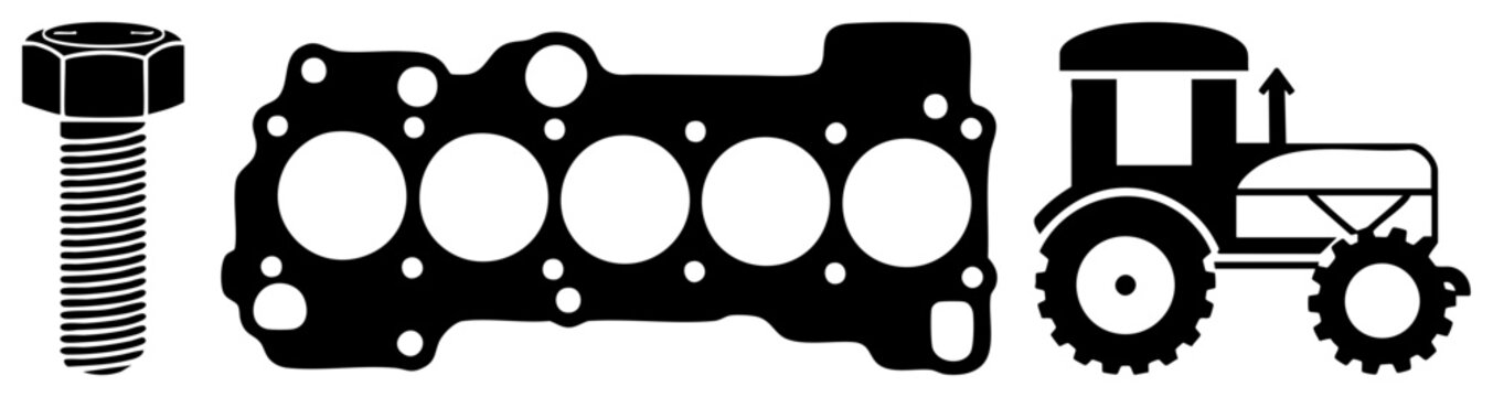 Heavy duty tractor silhouette sits beside a thick head gasket and a large machine bolt. These farm implement pieces, including an engine seal and chassis fastener, represent mechanical repair.
