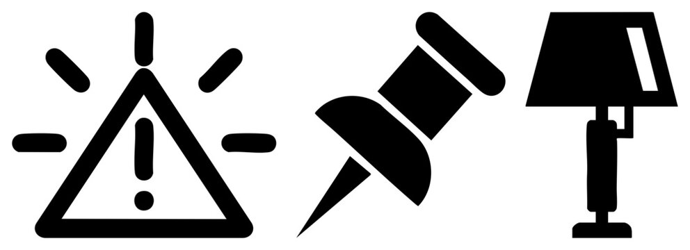 Collection of solid black glyphs including a caution sign, a thumbtack, and a table lamp. These simple silhouettes, such as the pushpin or desk light, provide clear visual communication.