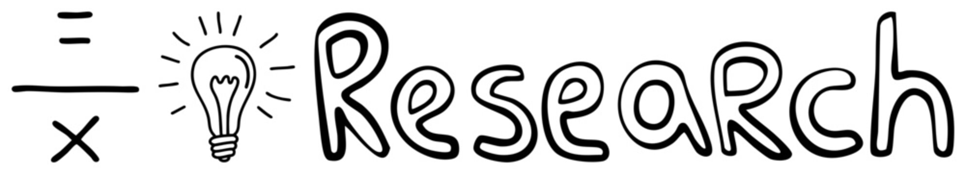 This doodle features a bright lightbulb, often called a brainwave or a sparky, alongside mathematical equations and the word research in a playful hand lettered style.