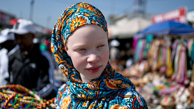 young woman with albinism in a sunlit outdoor market wearing protective clothing, melanin awareness representation, harsh midday sun casting distinct shadows, confident posture browsing handmade cra