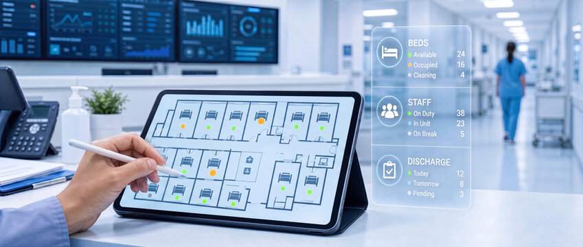 Hospital operations dashboard with bed availability staff status and discharge planning interface