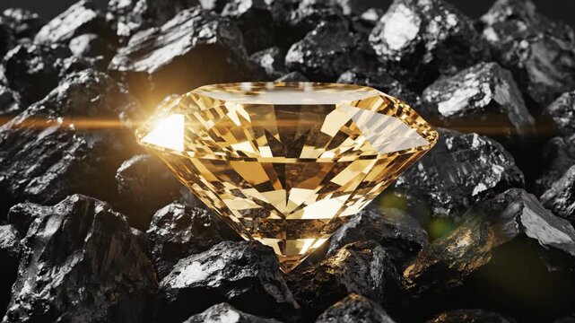 Gleaming Golden Diamond Emerging from a Pile of Rough Black Coal Lumps Under Dramatic Studio Lighting
