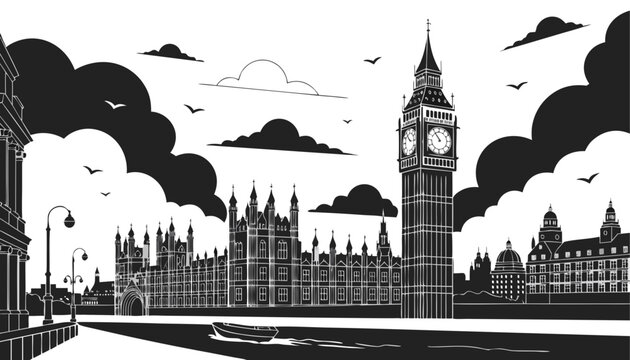 Very beautiful black-and-white vector illustration featuring London with Big Ben and the Palace of Westminster surrounded by engraved clouds, historic architecture, and dramatic monochrome city scener