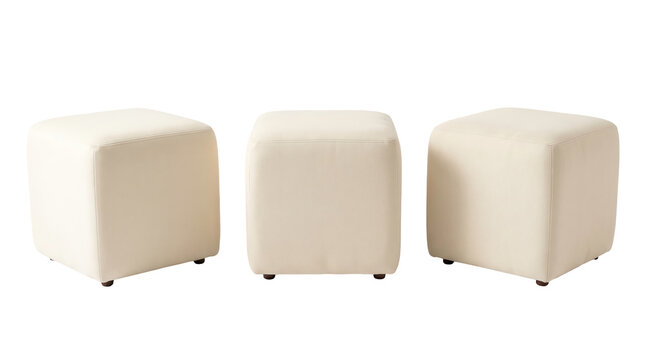 Set of 3 multi-angle views of minimalist square fabric ottoman footstool pouf low seating block cushion, transparent background, PNG