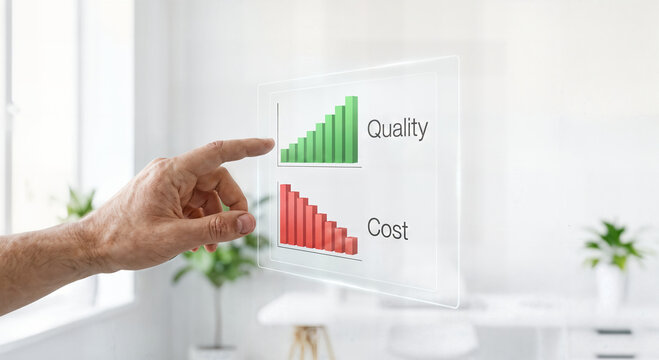 Hand touching a transparent screen displaying two bar graphs one showing increasing quality and other decreasing cost in a bright office environment.