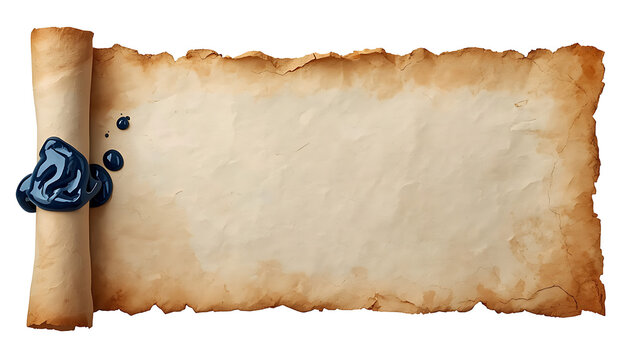 Ancient parchment scroll sealed with blue wax on transparent background