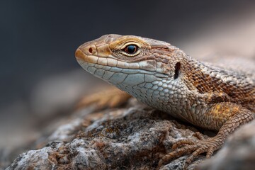 Fototapeta premium Detailed macro photograph of a textured lizard resting on a rocky surface with sharp focus on its eye and scaly skin against a blurred background