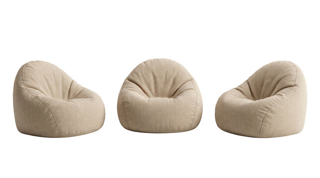 Set of 3 multi-angle views of comfortable beige fabric bean bag chair modern minimalist floor lounge seat, transparent background, PNG