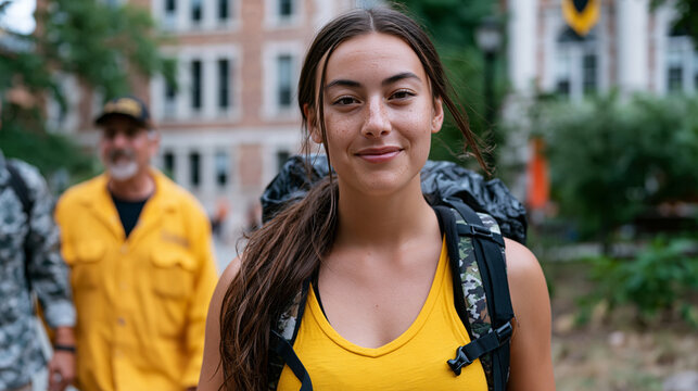 first-generation college student carrying an overpacked backpack through a university quad, parents dressed in work clothes walking beside her on move-in day, first-in-family pride visible in their 