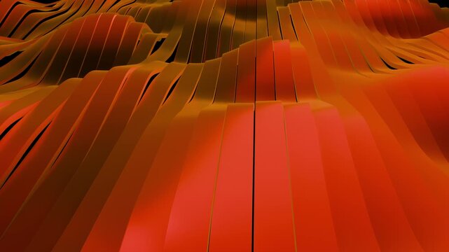 Futuristic 3D dark orange geometric landscape undulating loop. Cyberpunk fiery neon stepped wave layers background. Digital terrain sci-fi graphics 4K 24fps.