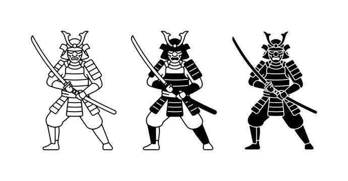 Samurai Warriors Vector Set: Japanese Warrior Icons in Black and White, Silhouette, and Outline Styles for Cultural and Historical Designs