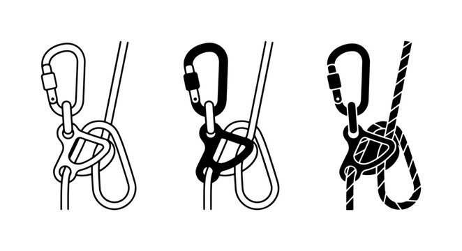 Climbing Rappel Devices, Carabiners, and Rope Knots: Safety Gear Illustrations