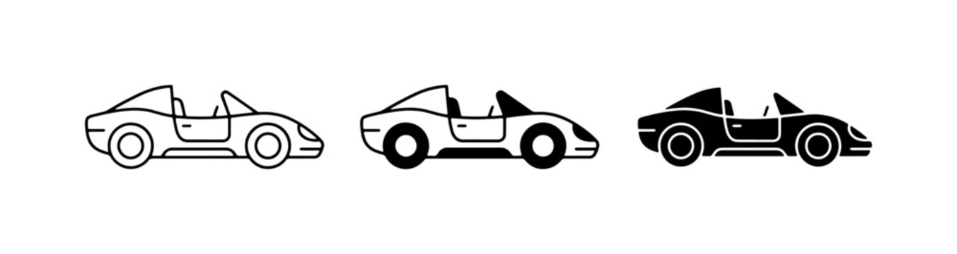 Three Convertible Sports Car Icons: Line Art, Filled, and Silhouette Styles