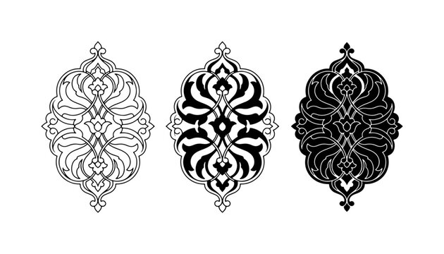Elegant Islamic Ornament Vector Set, Decorative Arabesque Patterns, Black and White Floral Motifs