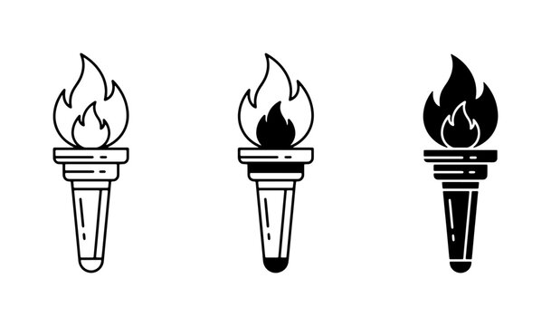 Torch Icons Set: Flame, Fire, Light, Symbol, Vector Graphics, Outline, Silhouette, Black and White