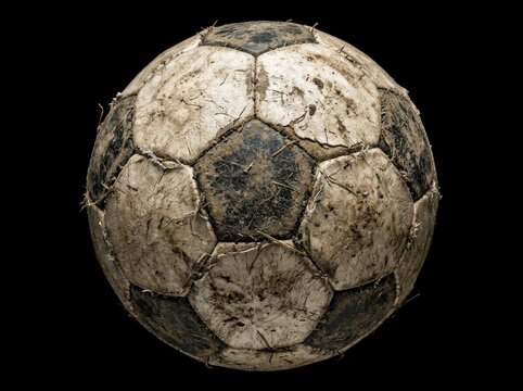 Dirty old soccer ball closeup texture.
