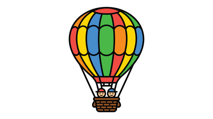 Naklejka premium A vibrant, joyful hot air balloon illustration with two happy characters in the basket. Perfect for children's designs, travel icons, or adventurous themes.