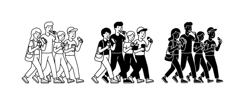 Diverse Group Walking, Mobile Phone Use, Silhouette & Outline Styles, Modern Lifestyle