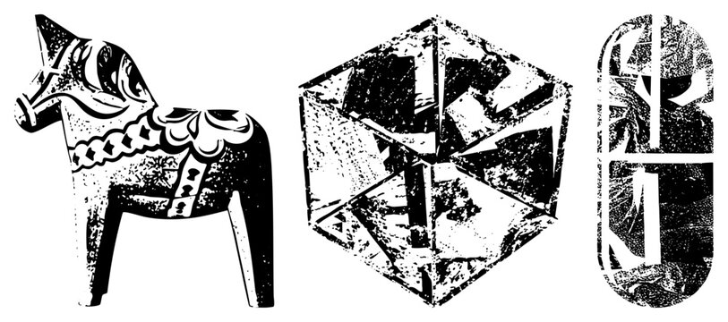 Distressed Dala horse figure sits alongside a textured polyhedron and a pill shaped graphic. This folk art knutten and abstract geometry set features heavy grain and stencil aesthetics.