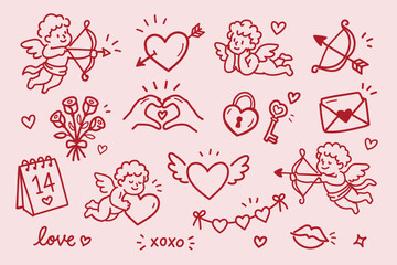 Naklejka premium Valentines Day Cupid Hearts Hand Drawn Doodle Sketch Vector Illustration with Love Arrows Cherub Angels Romantic Symbols and Cute Valentine Elements