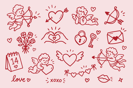 Valentines Day Cupid Hearts Hand Drawn Doodle Sketch Vector Illustration with Love Arrows Cherub Angels Romantic Symbols and Cute Valentine Elements