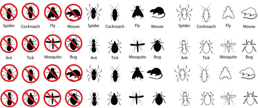 Pest control vector set collection group with insect rodent prohibition icons, bug mosquito rat cockroach symbol, no pest sign silhouette outline isolated design on transparent background.