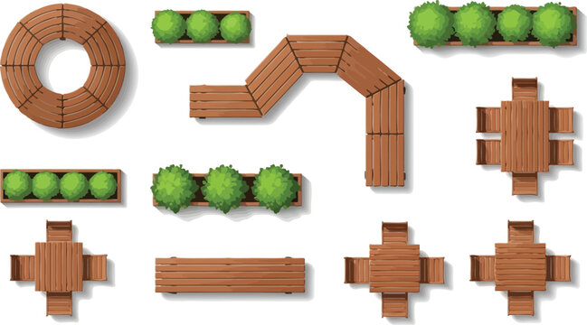 Top view vector set of wooden park furniture including circular benches tables and green planters for landscape design
