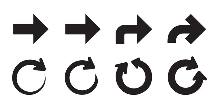 Vector set of black solid arrow icons for navigation and circular loop symbols on transparent.