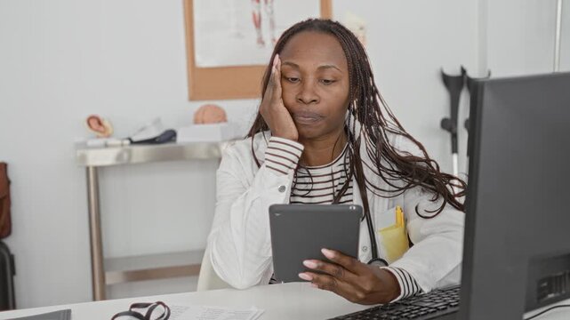 Woman doctor holds tablet, hand on cheek, sitting at desk with computer monitor and stethoscope in medical office building; tired focus.