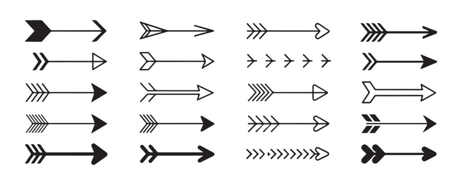 Set of 20 black arrow icons in various styles, vector illustration on transparent background.