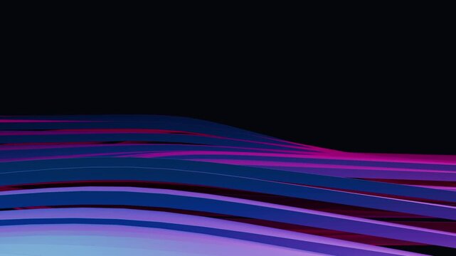 Futuristic 3D dark violet waves undulating with copy space on black background. Cyberpunk neon geometric stepped layers text backdrop. Digital terrain loop 4K 24fps.