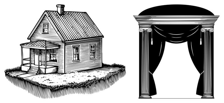 Rustic little shack or cabin sits on a grassy patch, paired with a proscenium arch. This theatrical portal and small homestead represent contrasting architectural styles in black ink.