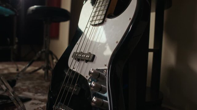 Electric bass guitar resting on stand in music recording studio during rehearsal break. Footage is perfect for music education promos, instrument store ads, or band documentaries