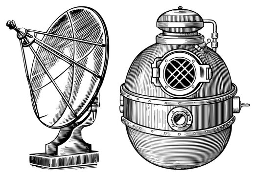 Detailed woodcut style illustration featuring a radio telescope, a catcher, and a heavy metal bathysphere. This retro scientific equipment set showcases intricate hatching and.