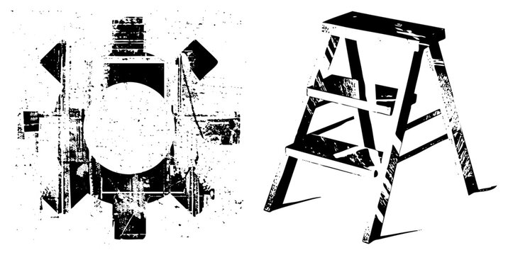 This gritty stencil features a heavy duty stepladder alongside a mechanical gear or cogwheel. These industrial pieces, a and a step stool, exhibit a raw halftone texture.