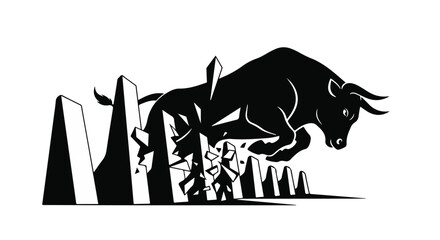 Fototapeta premium Bull market concept illustration shows a powerful bull leaping over a broken financial graph, symbolizing strong upward trends and market growth in business and finance.