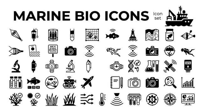 Marine Biology Ocean Research Icon Set Plankton Net Water Sampler CTD Rosette Sediment Core Coral Transect Acoustic Tag Research Buoy Bathymetric Map Species Voucher Vector