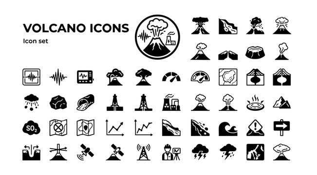 Volcanology Geothermal Operations Icon Set Eruption Column Lava Flow Pyroclastic Seismic Gas Monitor Volcanic Alert Caldera Magma Tephra Lava Tube Geothermal Steam Vent Vector