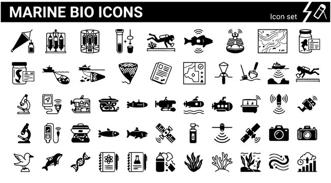Marine Biology Ocean Research Icon Set Plankton Net Water Sampler CTD Rosette Sediment Core Coral Transect Acoustic Tag Research Buoy Bathymetric Map Species Voucher Vector