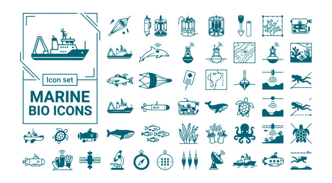 Marine Biology Ocean Research Icon Set Plankton Net Water Sampler CTD Rosette Sediment Core Coral Transect Acoustic Tag Research Buoy Bathymetric Map Species Voucher Vector