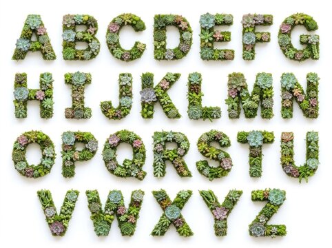 Alphabet letters made of green leaves.