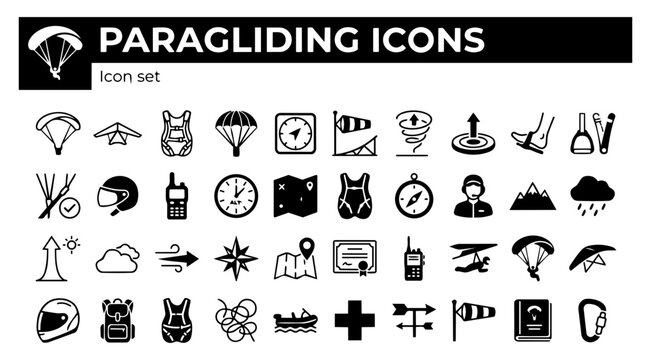 Paragliding Hang Gliding Operations Icon Set Glider Wing Harness Reserve Parachute Vario Meter Wind Sock Launch Ramp Thermal Column Landing Zone Speed Bar Brake Toggle Vector