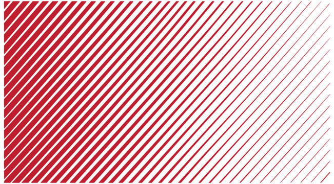Halftone gradient texture from thick to thin diagonal line, Fade oblique stripe gradation minimalistic ornament, Red - White slanted pattern backdrop, abstract geometric brutalism striped background