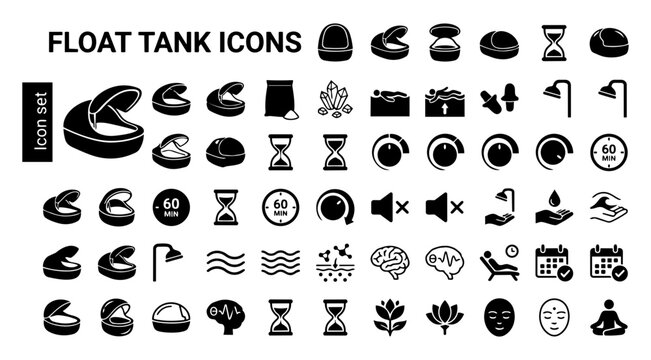 Float Tank Sensory Deprivation Icon Set Float Pod Epsom Salt Buoyancy Ear Plug Pre Float Shower Session Timer Darkness Silence Magnesium Theta Wave Post Float Rest Vector